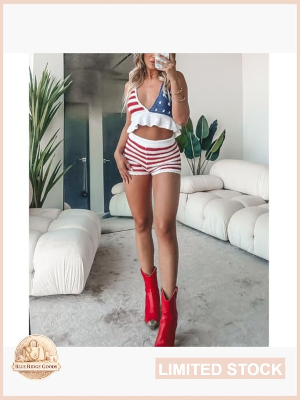 American Flag Knitted 2 Piece Set V Neck Cropped Cami and Shorts Patriotic - Picture 7 of 7